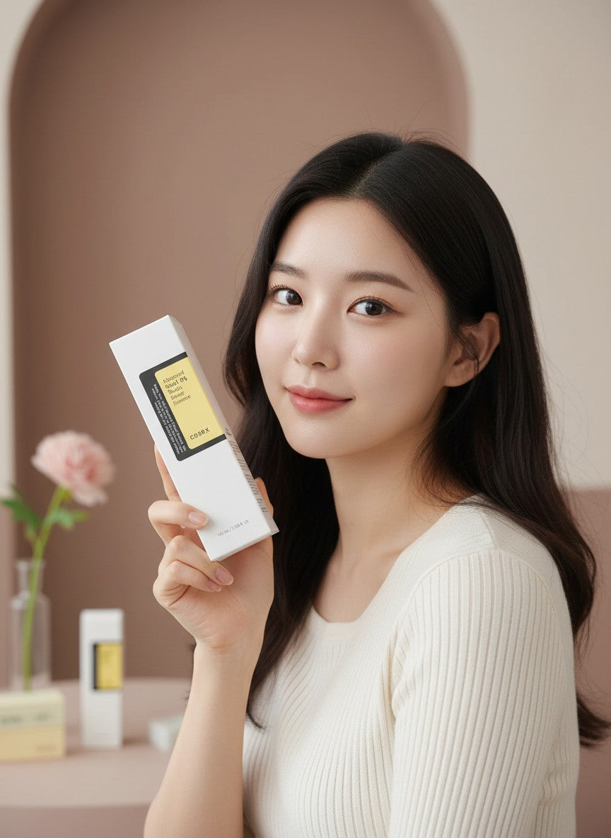 Mujer joven sosteniendo el tratamiento facial COSRX Advanced Snail 96 Mucin Power Essence de K-Chic Skin