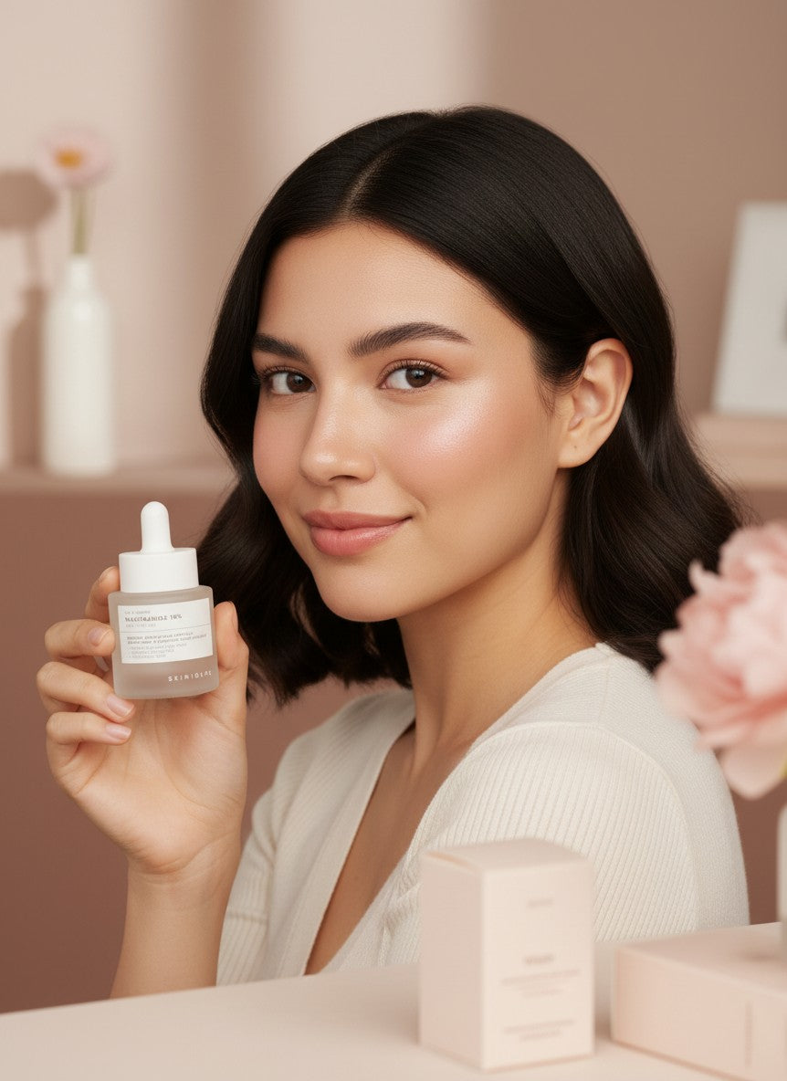 Mujer joven sosteniendo ampolla iluminadora SKIN1004 Madagascar Centella Niacinamide de K-Chic Skin Especialidad
