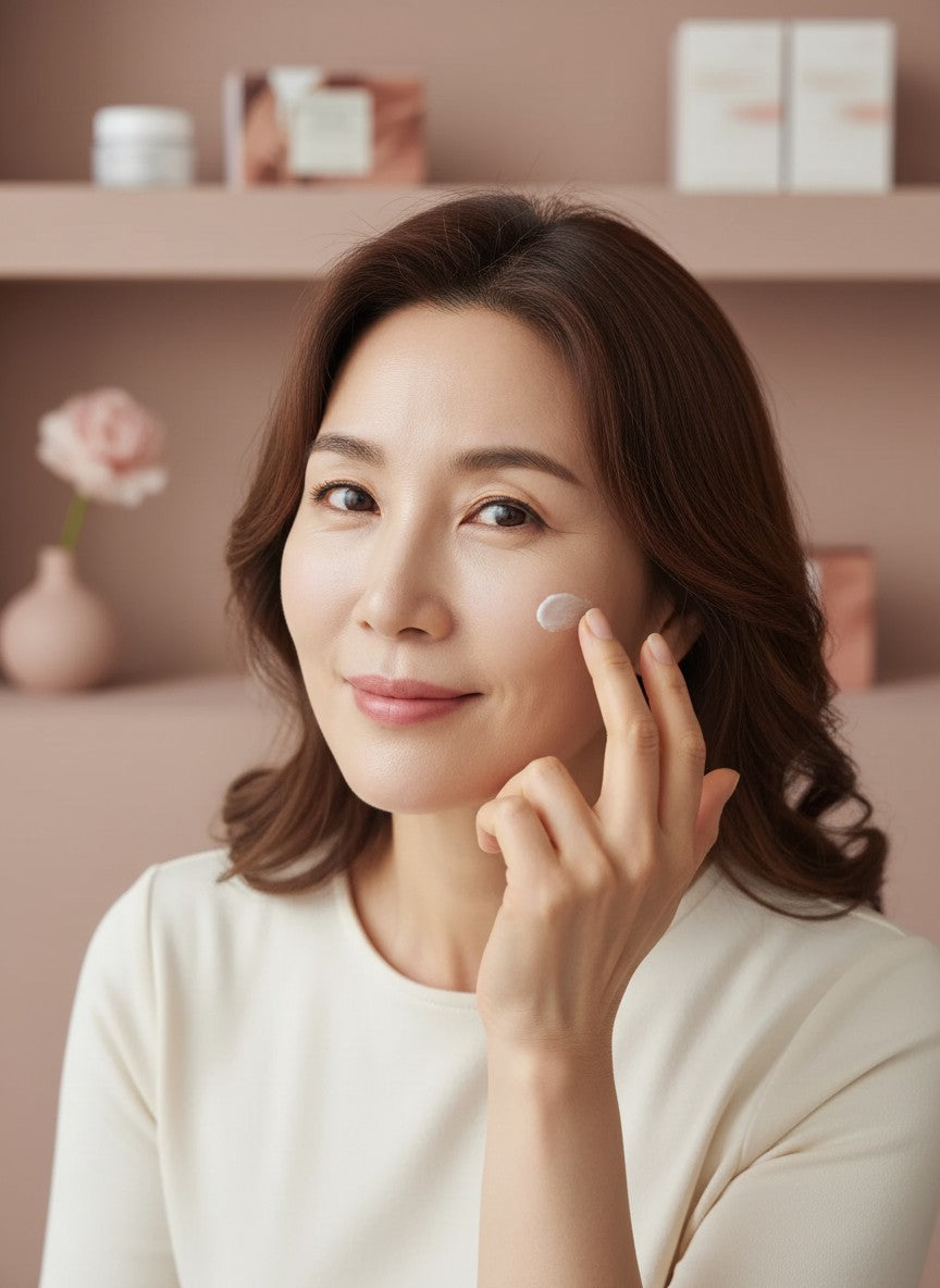 Mujer aplicando K-Chic Skin Especialidad Probio-Cica Enrich Cream en su mejilla para hidratar y calmar la piel