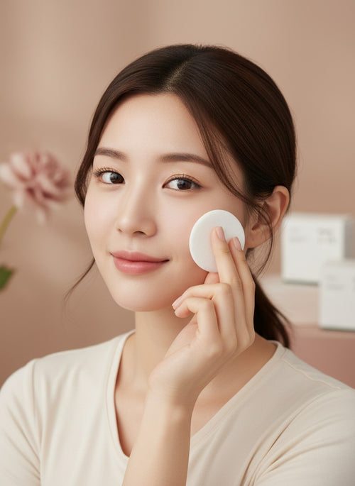 Mujer joven usando discos faciales Anua Heartleaf 77 Clear Pad de K-Chic Skin Especialidad para limpiar su rostro