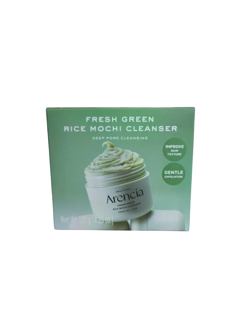 Caja del limpiador facial K-Chic Skin Especialidad Arencia Fresh Green Rice Mochi con textura cremosa y exfoliante