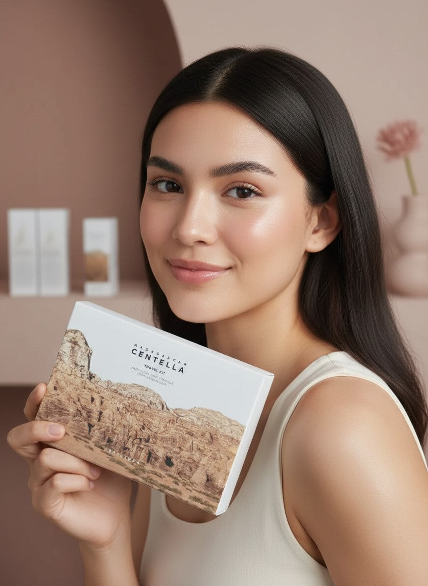 Mujer joven sosteniendo el kit de viaje K-Chic Skin Especialidad Madagascar Centella para hidratar y calmar la piel.