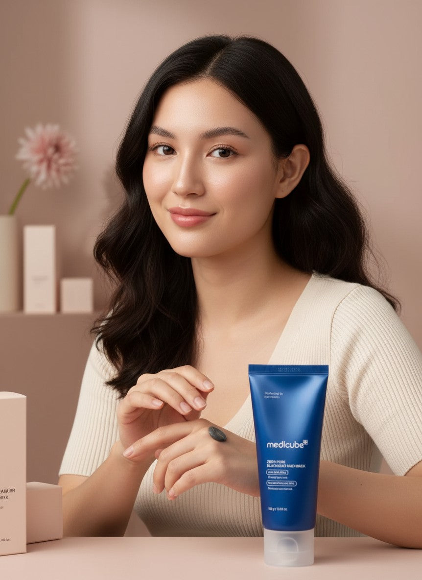 Mujer joven aplicando mascarilla de barro MEDICUBE Zero Pore en la mano, producto de K-Chic Skin Especialidad