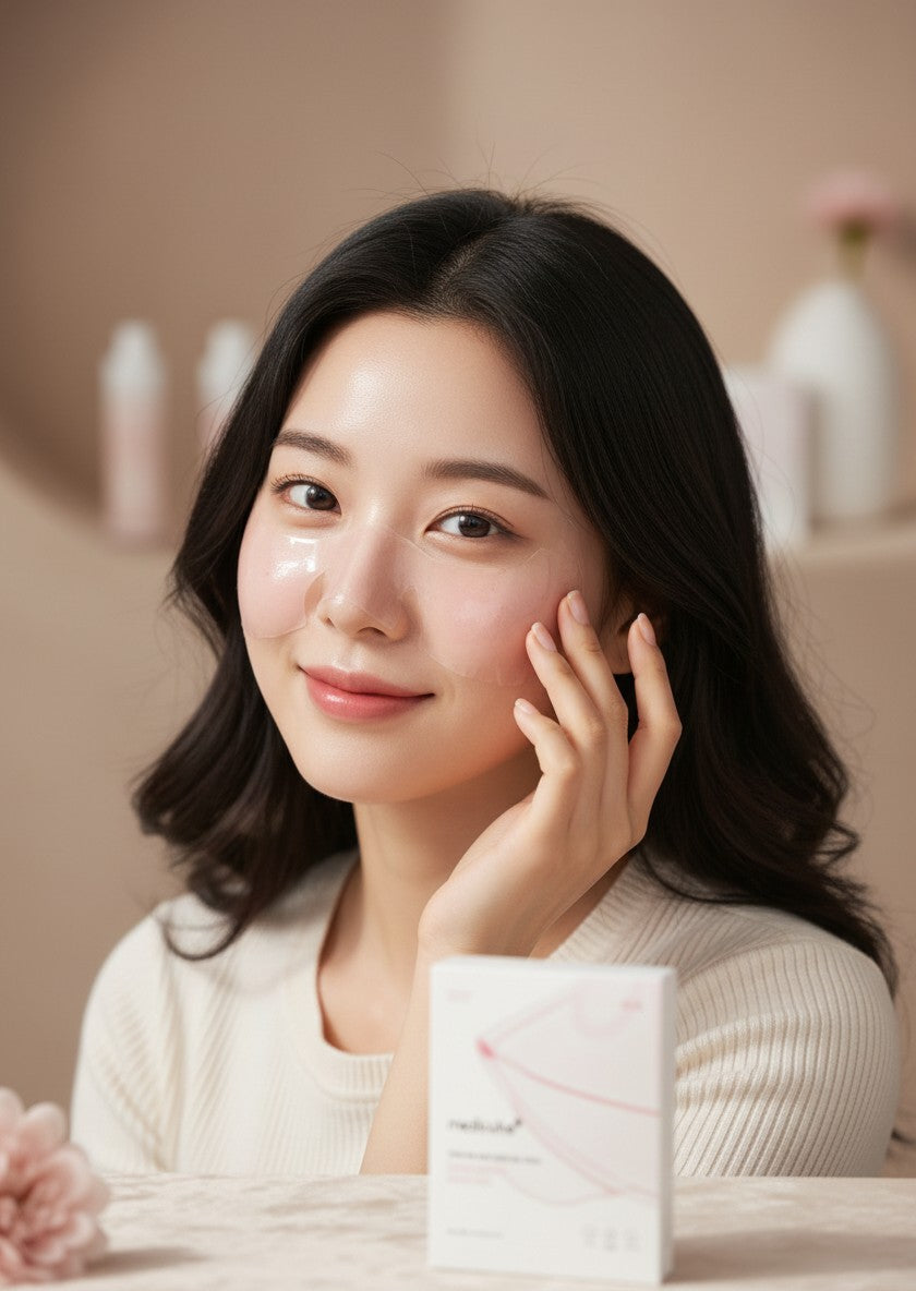 Mujer joven usando mascarilla en gel K-Chic Skin Especialidad PDRN Pink Collagen para hidratar y reafirmar la piel
