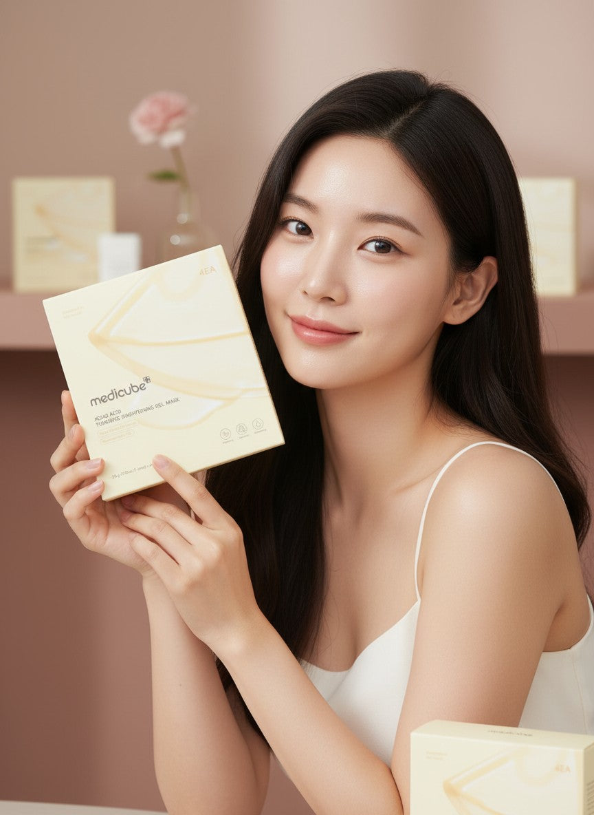 Mujer joven sosteniendo la mascarilla en gel iluminadora Kojic Acid Turmeric de MEDICUBE en K-Chic Skin Especialidad