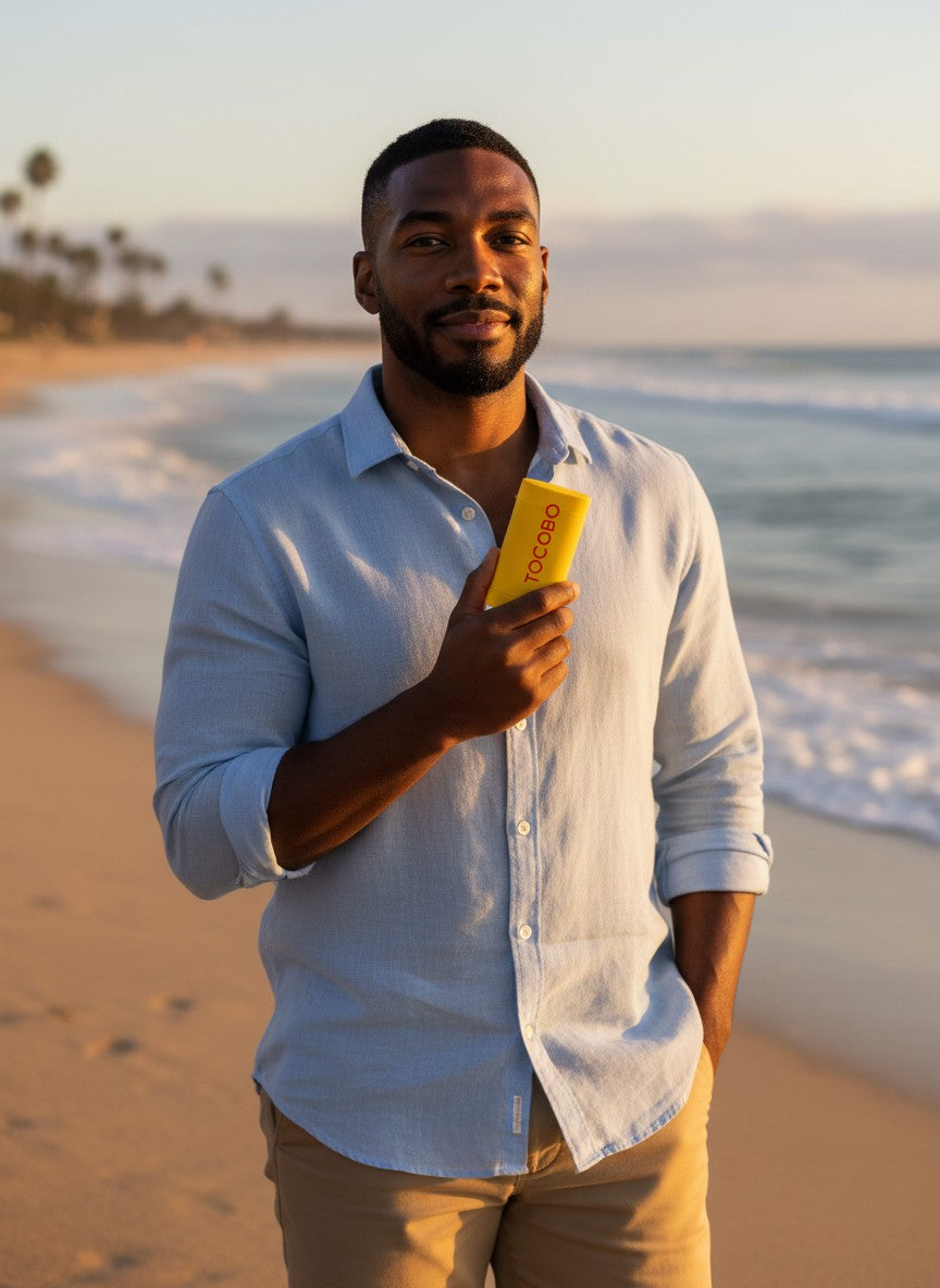Hombre sosteniendo protector solar en barra K-Chic Skin Especialidad TOCOBO en la playa al atardecer