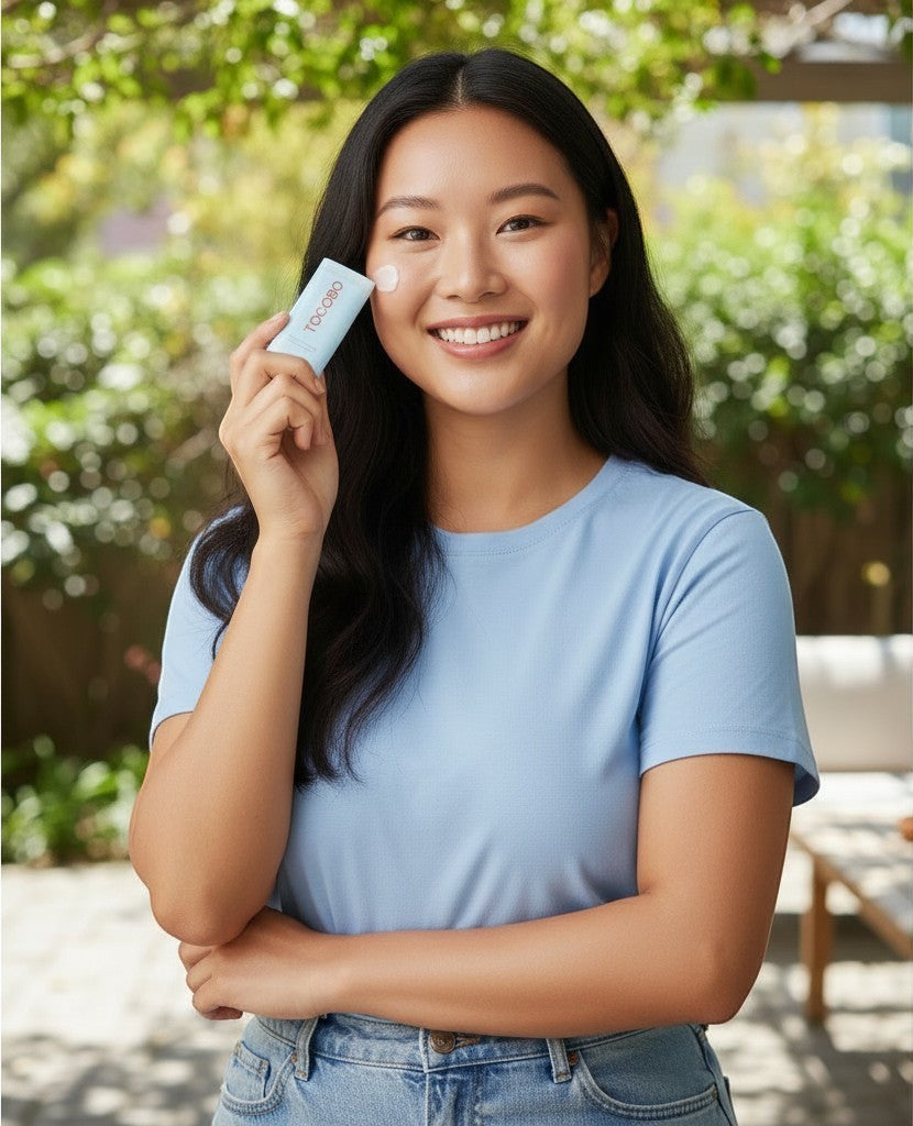 Mujer sonriente en exterior usando protector solar en stick TOCOBO Cotton Soft de K-Chic Skin Especialidad