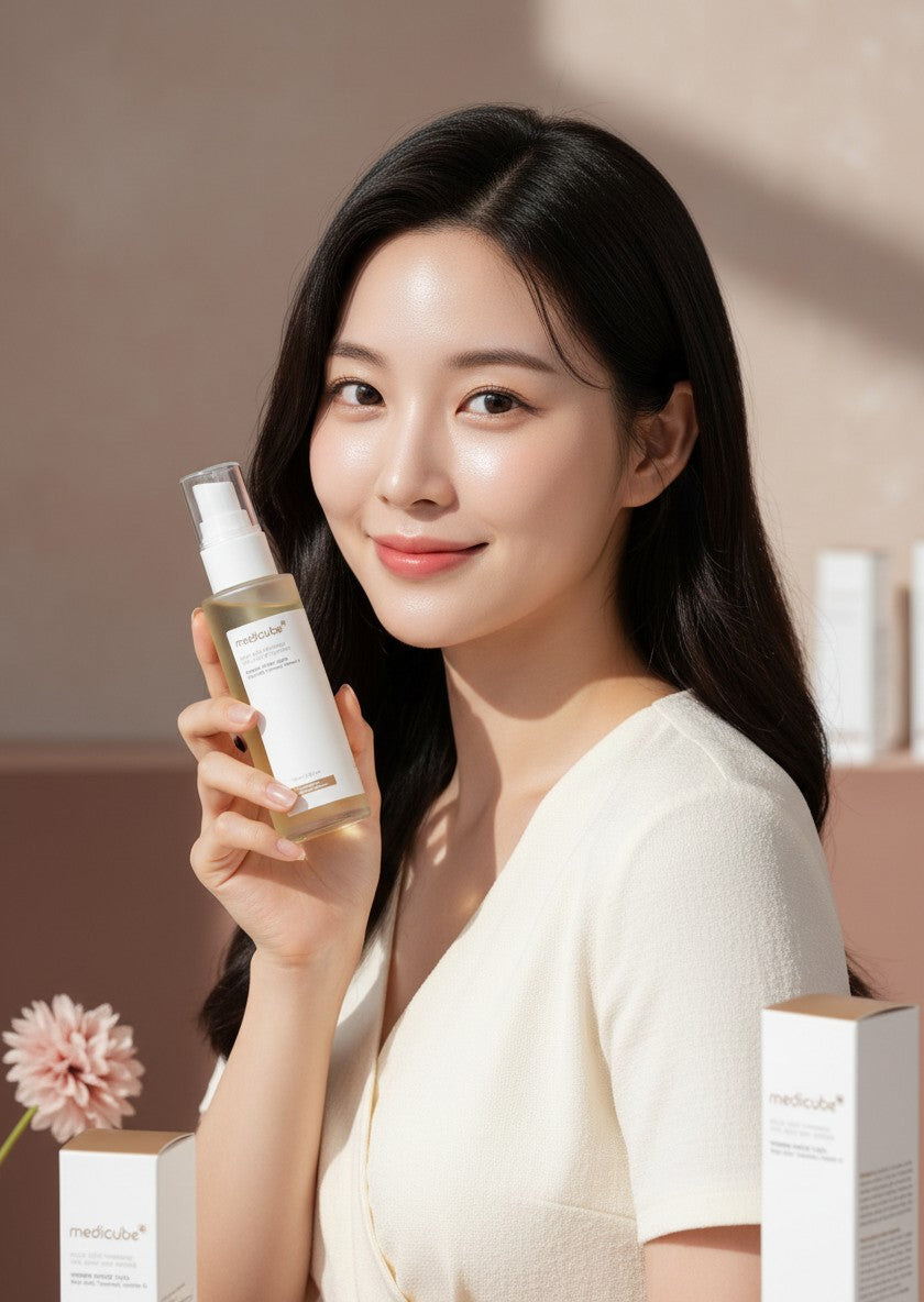 Mujer sosteniendo serum iluminador K-Chic Skin Especialidad Medicube con ácido kójico y cúrcuma en envase spray