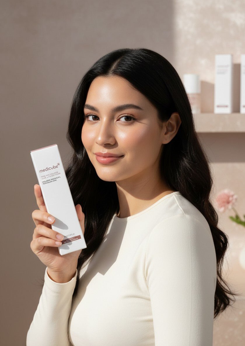 Modelo joven sosteniendo el serum K-Chic Skin Especialidad Medicube PDRN Pink Collagen Glow Jelly Mist en su envase