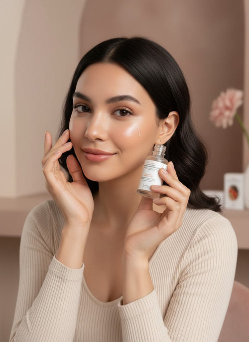 Mujer joven con piel radiante sosteniendo el suero iluminador K-Chic Skin Especialidad Dr. Althea con vitamina C