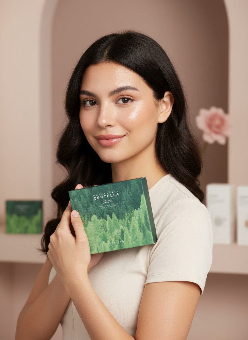 Mujer joven sosteniendo el set de viaje K-Chic Skin Especialidad Madagascar Centella Tea-Trica para piel con acné