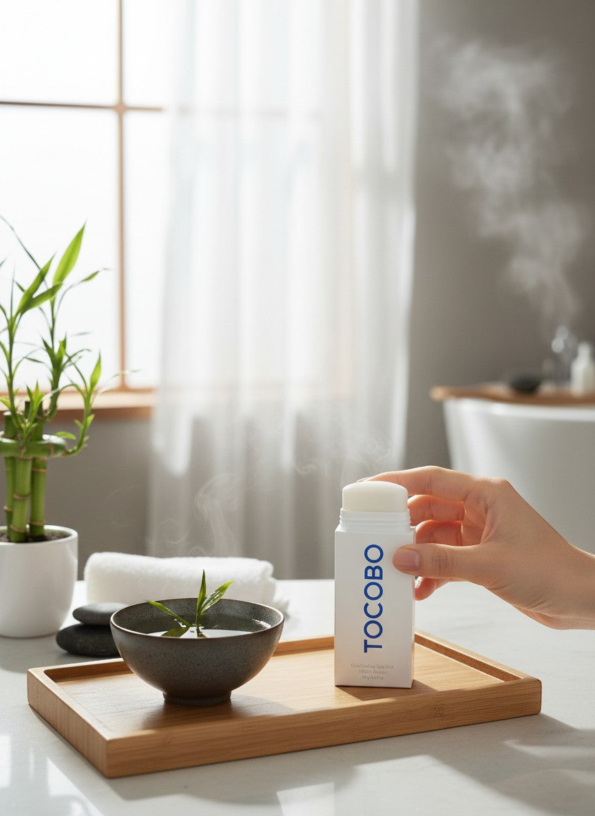 Protector solar en barra TOCOBO Cica Cooling de K-Chic Skin en un entorno de spa relajante con bambú y vapor